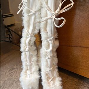 Faux Fur Lace-Up Knee High Boots in Cream